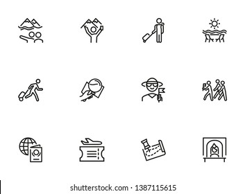 Summer vacation icon set. Line icons collection on white background. Flight, sightseeing, destination. Tourism concept. Can be used for topics like traveling, journey, resort