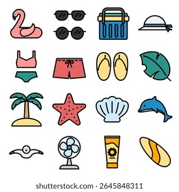 Conjunto de iconos de vacaciones de verano. Estilo de contorno de color de línea