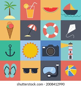 Summer vacation, summer icon set, tourism and holiday icons, coconut tree, orange drink, watermelon, boat, ice cream, beach umbrella, buoy, kite, anchor, sun, camera, lighthouse, footwear, goggles.