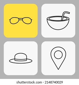 icono de vacaciones de verano. vidrio solar, coco, alfiler de ubicación, sombrero de playa