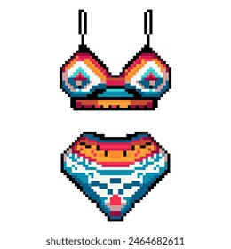 Summer vacation icon of swimsuit, bikini in pixel art design isolated on transparent background, 80s-90s, digital vintage game style.