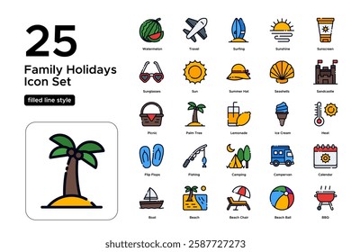 Summer Vacation Icons. Beach, Sun, Surfboard, and Travel Symbols. Holiday and Fun Concept. Vector Illustration.