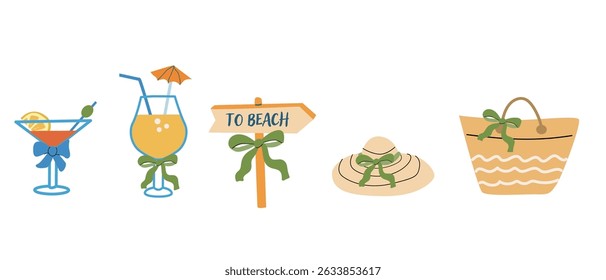 Summer vacation icons featuring beach signs, refreshing drinks, and accessories for design use.