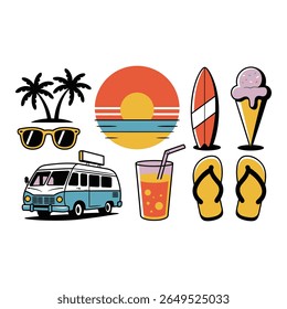 Summer vacation icons featuring a beach van, palm trees, sunglasses, and other tropical elements