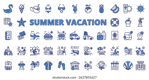 Summer vacation icons in line design blue. Summer vacation, beach, travel, sun, holiday, sea, relaxation on white background vector. Summer vacation editable stroke icons