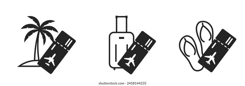 summer vacation icons. palm tree, luggage, flip flops and flight ticket. travel and journey symbols. isolated vector images for tourism design