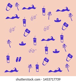 summer vacation icons pattern blue vector on pink background