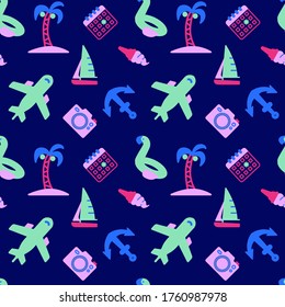 Summer Vacation icons pattern. Summer travel seamless background. Seamless pattern vector illustration