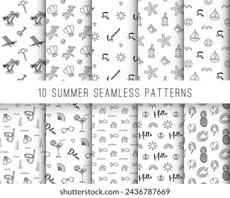 Summer vacation icons seamless pattern set. Collection of 10 patterns. Doodle black outline various icons repeat on white background. Vector illustration.