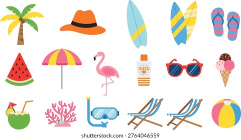 Summer vacation icons set with beach elements, tropical palm tree, surfboard, sunglasses, ice cream, flat vector illustration, travel holiday design