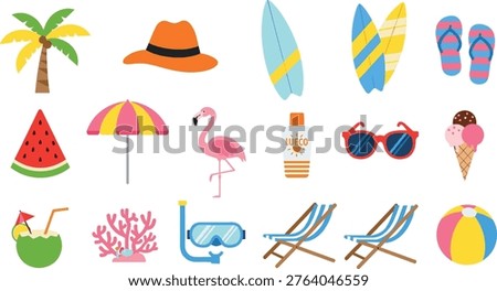 Summer vacation icons set with beach elements, tropical palm tree, surfboard, sunglasses, ice cream, flat vector illustration, travel holiday design