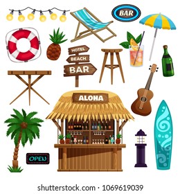 Summer vacation  icons set with bungalow bar tropical fruits and set of accessories for rest on ocean beach vector illustration