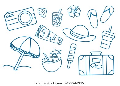 Summer vacation icons set. Collection of summer-themed doodle icons in blue line art style. Perfect for travel, beach, holiday, and vacation design projects. Vector illustration