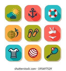 Summer Vacation Icons Set in Flat Design Style.