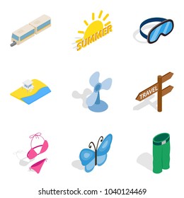 Summer vacation icons set. Isometric set of 9 summer vacation vector icons for web isolated on white background