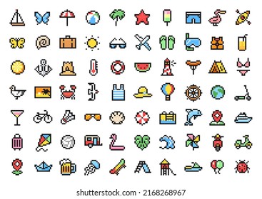 Summer vacation icons set in pixel art design isolated on white background, minimal simple vector symbols