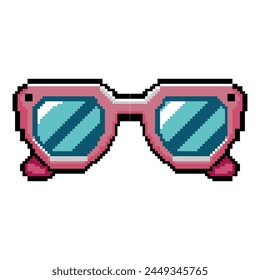 Summer vacation icons set in pixel art design isolated on white background, 80s-90s, digital vintage game style. Pixeled sun glasses	
