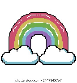 Iconos de vacaciones de verano en diseño de arte de píxeles aislado sobre fondo blanco, 80s-90s, estilo de juego vintage digital. Arcoiris en píxeles	
