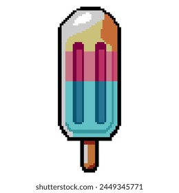 Summer vacation icons set in pixel art design isolated on white background, 80s-90s, digital vintage game style. Pixeled popsicle	
