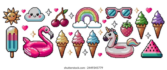 Summer vacation icons set in pixel art design isolated on white background, 80s-90s, digital vintage game style. Flamingo, unicorn pool float, cherry, sun glasses, ice cream, rainbow, strawberry.	