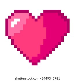 Iconos de vacaciones de verano en diseño de arte de píxeles aislado sobre fondo blanco, 80s-90s, estilo de juego vintage digital. Corazón rosa pixelado	
