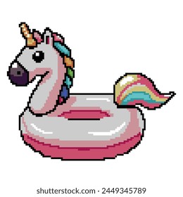 Summer vacation icons set in pixel art design isolated on white background, 80s-90s, digital vintage game style. Pixeled unicorn pool float	