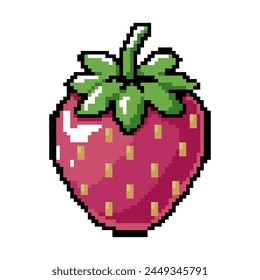 Summer vacation icons set in pixel art design isolated on white background, 80s-90s, digital vintage game style. Pixeled strawberry	
