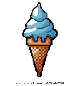 Summer vacation icons set in pixel art design isolated on white background, 80s-90s, digital vintage game style. Pixeled blue ice cream