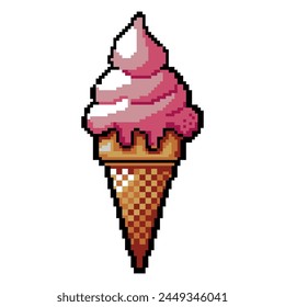 Summer vacation icons set in pixel art design isolated on white background, 80s-90s, digital vintage game style. Pixeled pink ice cream