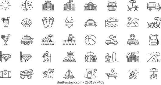 Summer Vacation Icons set. Travel, beach, tourism, summer holidays, hotel, relax, beach, luggage, passport, sunglasses and more.