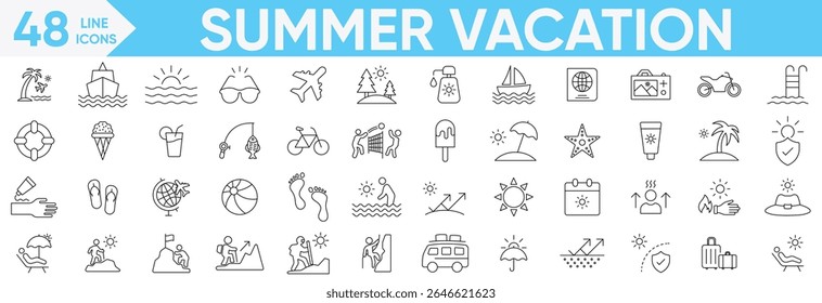 Summer Vacation icons set.Travel, Tourism, Beach, landscapes, holidays, sun, swimming, sunscreen, sunglasses, palm tree, ice cream and more.Vector and illustrator set.
