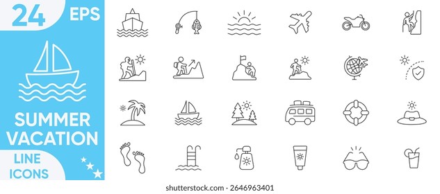 Summer Vacation icons set.Travel, Tourism, Beach, landscapes, holidays, sun, swimming, sunscreen, sunglasses, palm tree, ice cream and more.Vector and illustrator set.