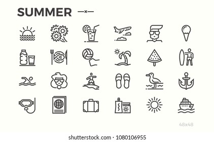 Summer vacation icons. Sun, sea, travel and others symbols. Not editable stroke. Pixel perfect. 48x48.