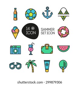 Summer and Vacation Icons in thin line style. Summer icon, line, holiday, outline, silhouette. Beach vacation
