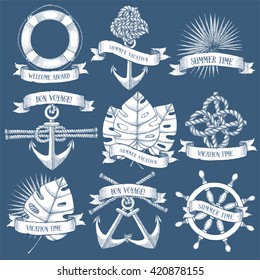 Summer vacation icons, vector engraved set