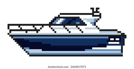 Summer vacation icons yacht, speedboat, boat in retro pixel art style. Inspired by games from the 80s, 90s. Design of mobile games, stickers. Modern vector illustration.