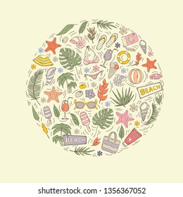 Summer vacation icon,sign,symbol,pictogram colorful concept on a circle isolated with tropical leaves cocktail,palm,camera, swimsuit,hibiscus,shell,glasses, flowers,ice cream,coral