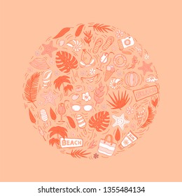 Summer vacation icon,sign,symbol,pictogram on a circle isolated on a red background with tropical leaves cocktail,palm,camera, swimsuit,hibiscus,shell,glasses, flowers,ice cream,coral,sun cream 