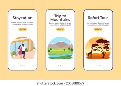 Summer vacation ideas onboarding mobile app screen flat vector template. Walkthrough website 3 steps with landscapes. Creative destinations UX, UI, GUI smartphone cartoon interface, case prints set