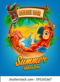 summer vacation illustration for beach bar with parrot