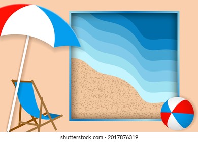 Sommerferien-Illustration. Liegestühle, Regenschirm und heller Ball auf dem Sandstrand