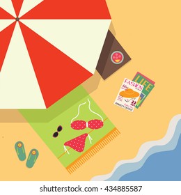 Summer vacation illustration. Flat design swimming suit, umbrella,towel,flip flops, magazines and cocktail vectors. Women beach accessories.