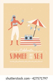 Summer vacation illustration with a girl dancing and drinking a cocktail on the beach. Text quote inspirational poster.