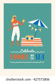 Summer vacation illustration with a girl dancing and drinking a cocktail on the beach. Text quote inspiration poster.