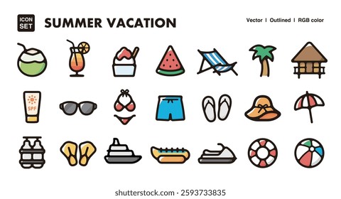 Summer vacation illustration icon set.Simple vector outlines, clipart for graphic design.