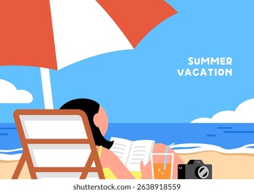 Summer vacation illustration poster. Beach ocean view landscape full of summer vibes. Cartoon style flat vector illustration. 