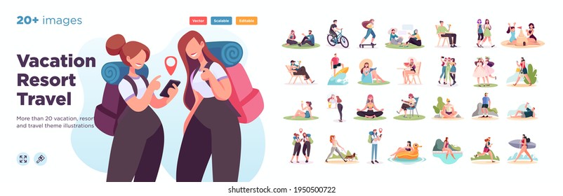 Summer vacation illustration set. Scenes with people performing summer outdoor activities-sunbathing, swimming,hiking. Vector illustration. - Shutterstock ID 1950500722