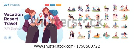 Summer vacation illustration set. Scenes with people performing summer outdoor activities-sunbathing, swimming,hiking. Vector illustration.