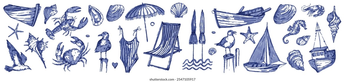 Conjunto de ilustração de férias de verão, objetos de viagem à beira-mar de aquarela desenhada à mão vetorial, iate, barco. Ocean voyage vintage icon, coleção de arte praia náutica, sol, gaivota. Projeto de férias de verão