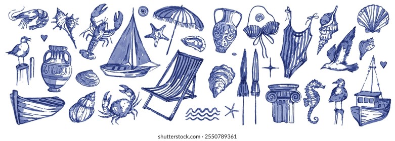 Conjunto de ilustração de férias de verão, aquarela objetos de viagem em terra, iate vetorial desenhado à mão, barco. Ocean voyage vintage icon, coleção de arte praia náutica, sol, gaivota. Projeto de férias de verão